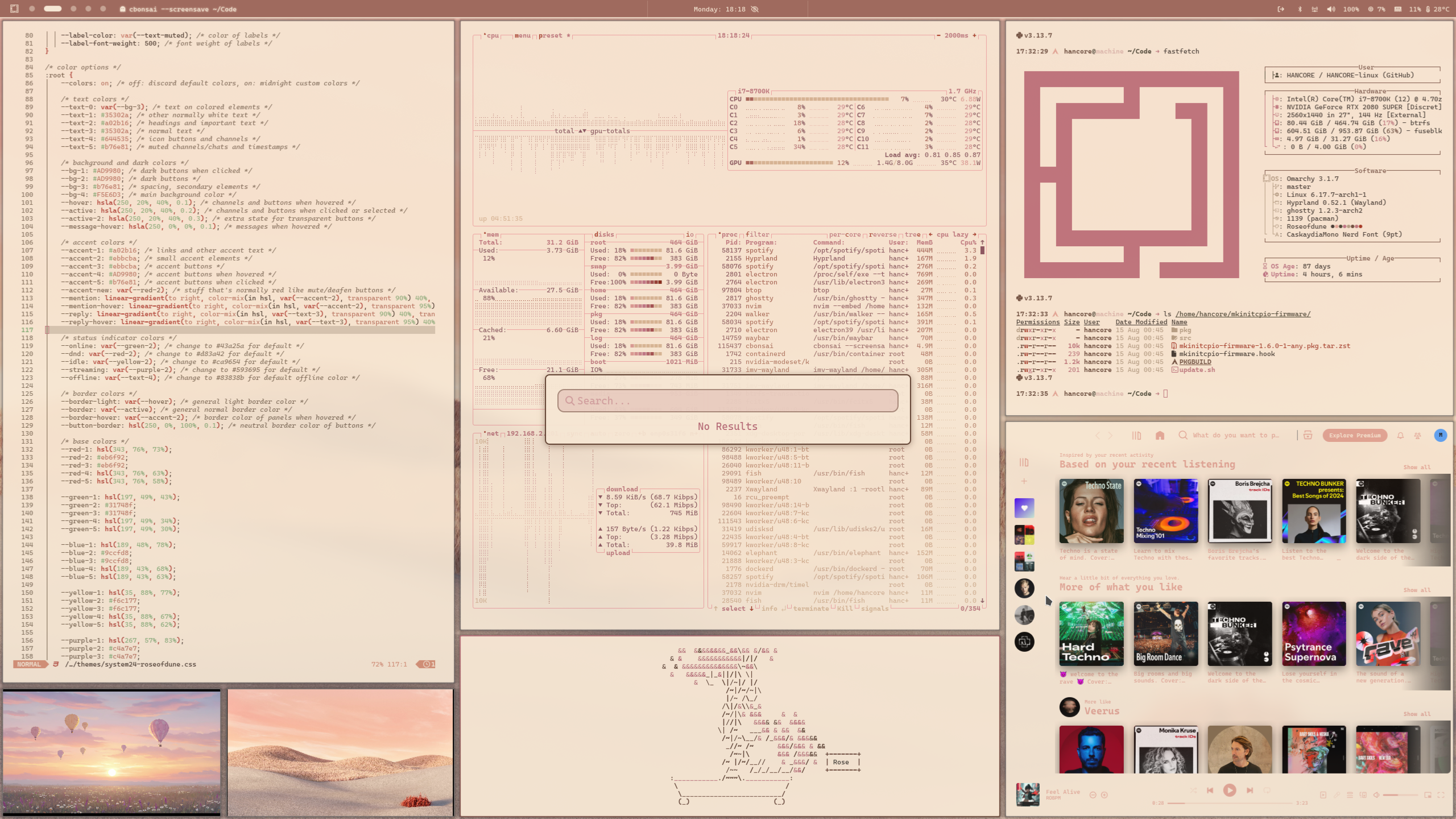 Omarchy num workflow tiled com tema Rose of Dune