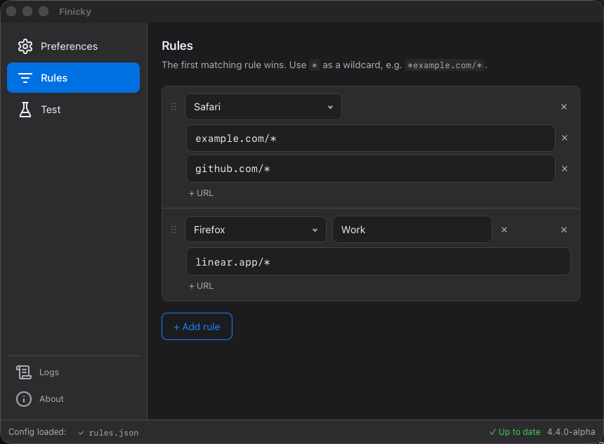 Editor de regras do Finicky
