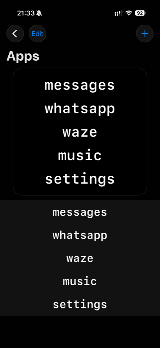 Tela de edição de apps com preview ao vivo em cima da lista