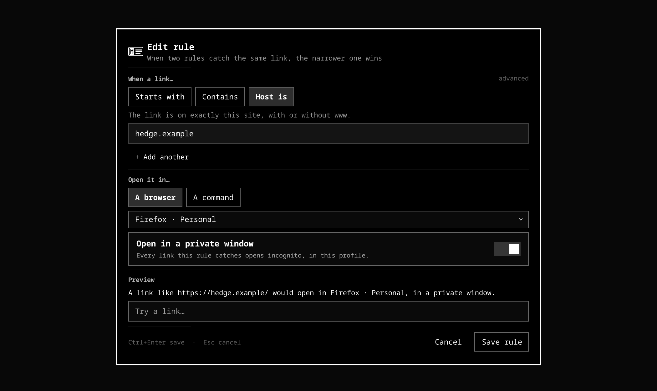 The rule form, with matcher, destination and a live preview
