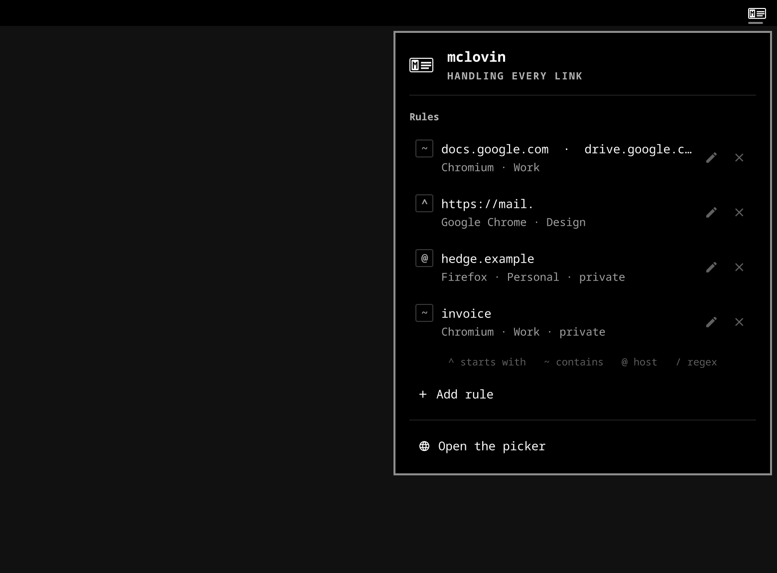The mclovin widget open in the bar, with its routing rules
