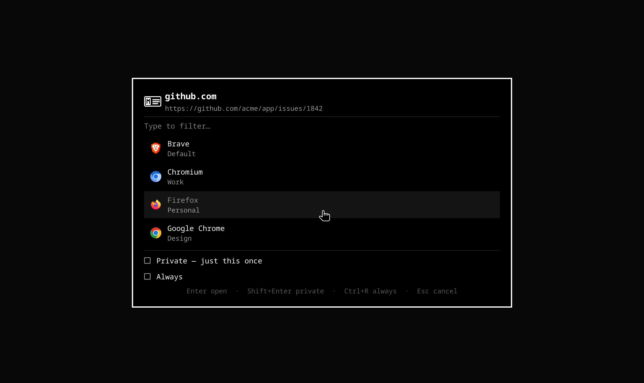 The browser picker, listing four browsers with their profiles
