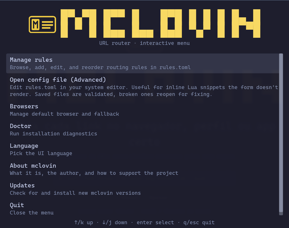 McLovin settings main menu with detected browsers and an update badge