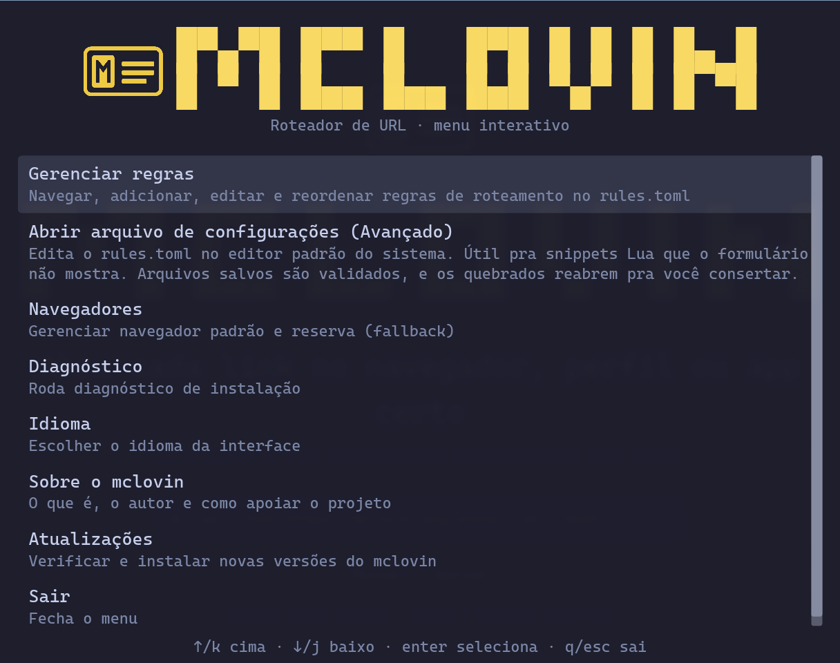 Menu principal do McLovin com browsers detectados e badge de update